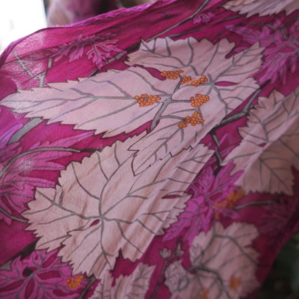 Vintage Silk Magenta Scarf with Taupe Maple Leaves